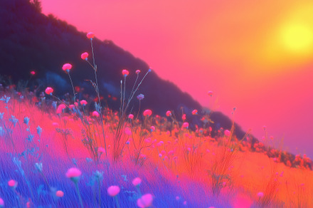 A vibrant landscape featuring a field of colorful flowers under a surreal sunse, an Arts & Entertainment Photo by Textures & Backgrounds