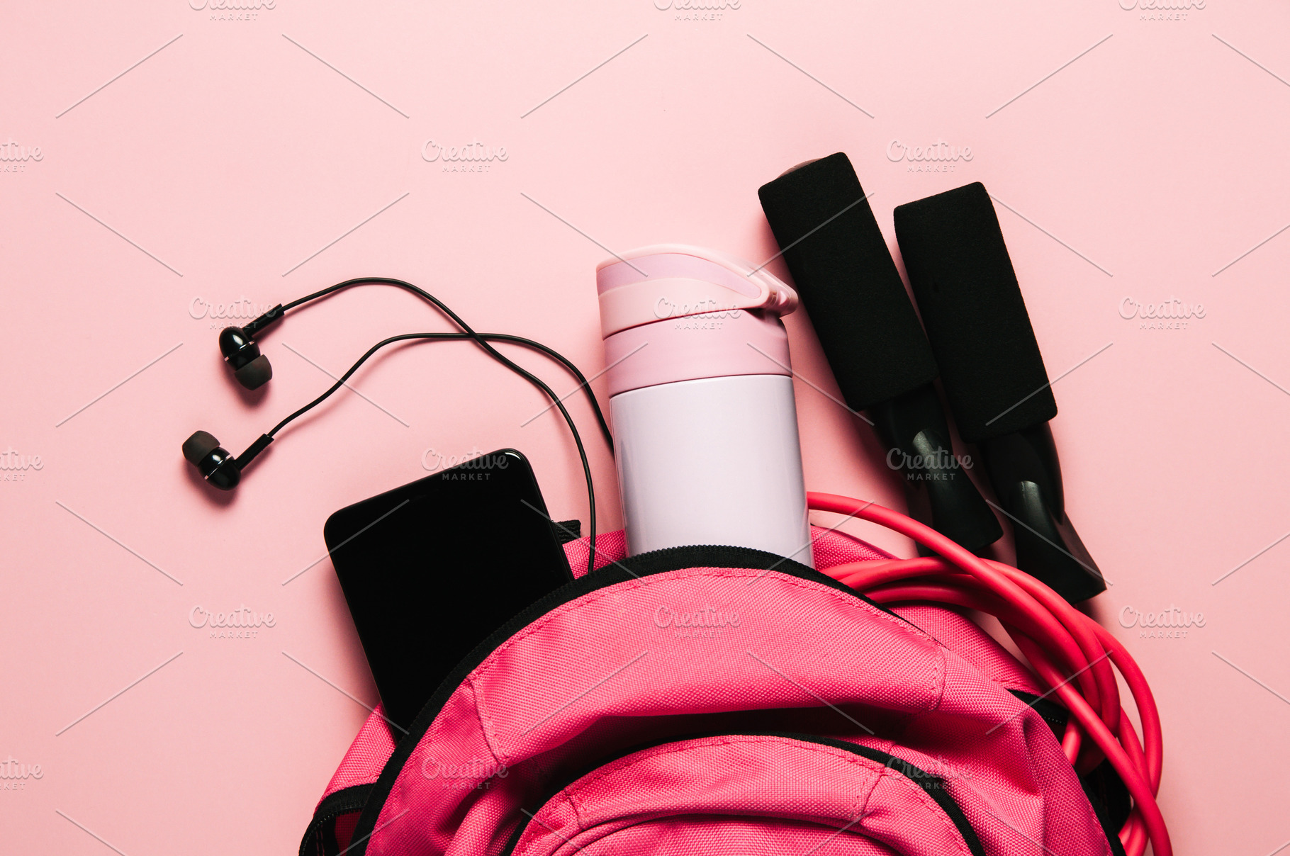 Sports bag and accessories on pink b, a Sports & Recreation Photo by Alekseyliss