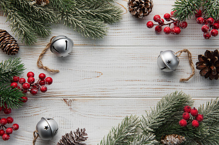 Christmas background with fir tree and decor. Top view with copy, a Holiday Photo by Olena Rudo