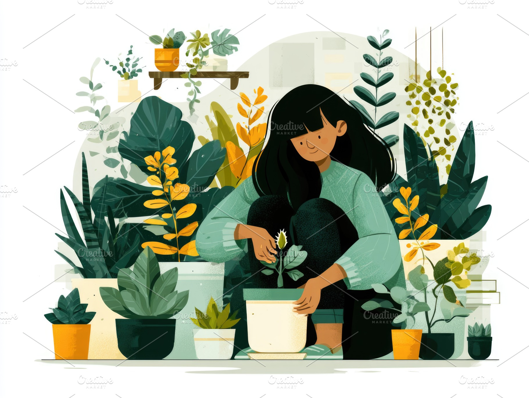 Woman transplanting houseplant in indoor gardening illustration, a Person Photo by José Manuel Gelpi