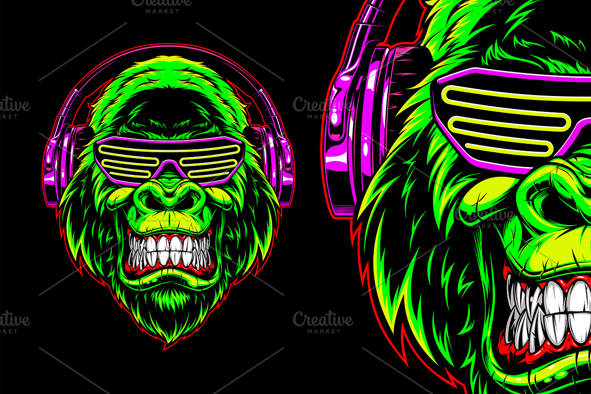 Gorilla with headphones, an Animal Illustration by Mark2000