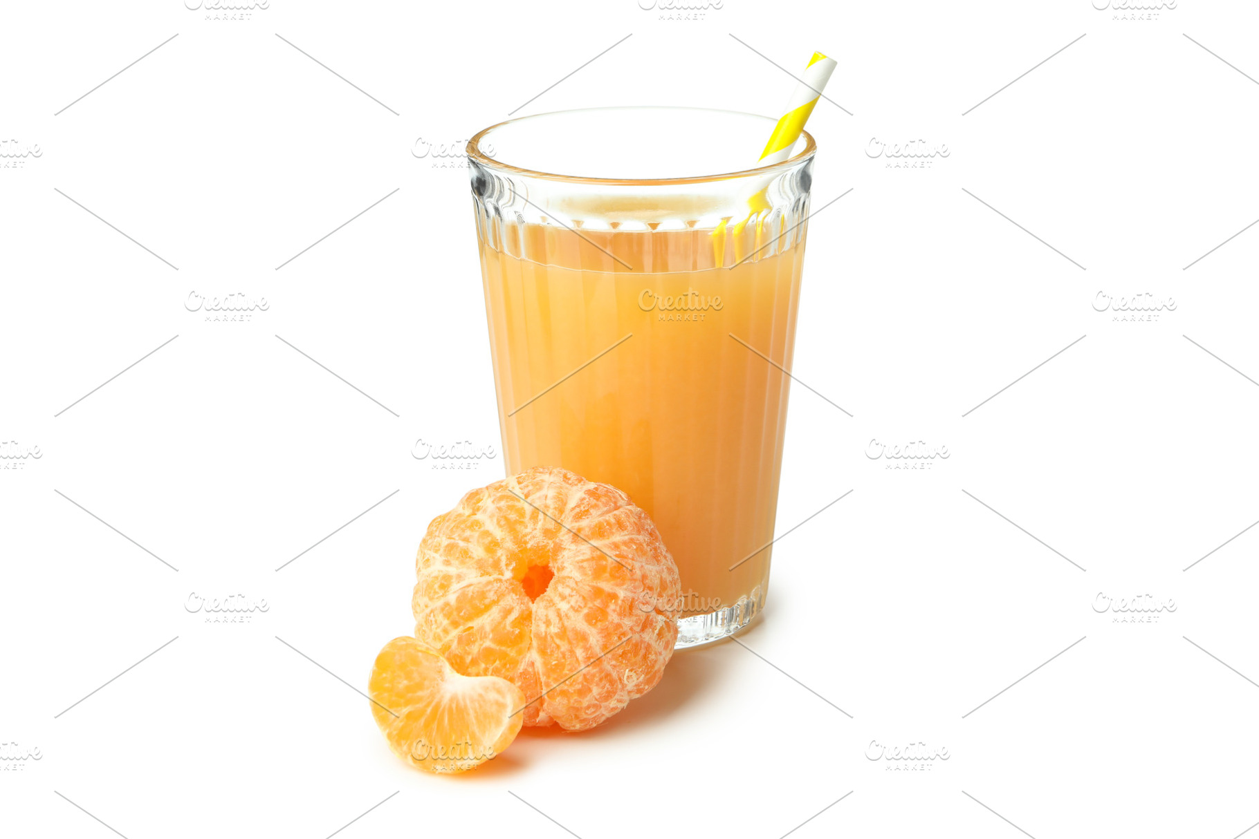 Mandarin juice and ingredients isolated on white background, a Food & Drink Photo by AtlasStudio PRO