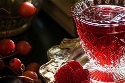 Raspberry jam and raspberries in a crystal bowl, country food an, a Food & Drink Photo by Anneleven