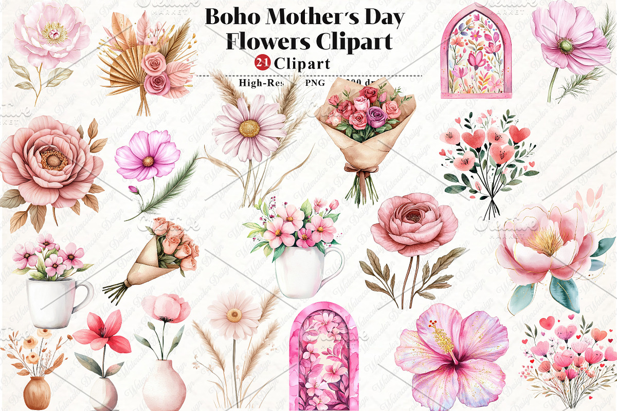 Boho Mother's Day Flowers Clipart, an Illustration by Watercolor design (Photo 1 of 13)