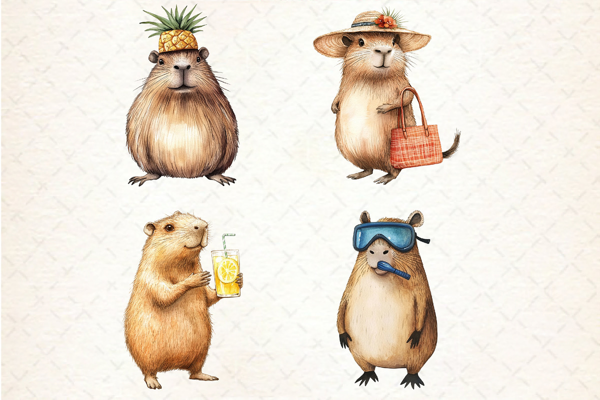 Summer Capybara Watercolor Clipart, an Illustration by Rose Art (Photo 3 of 4)