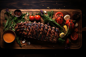 BBQ marinated meat with vegetables on wooden board, a Food & Drink Photo by AlyaAnd