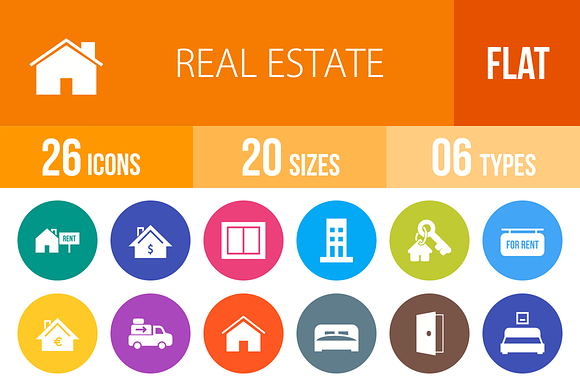 26 Real Estate Flat Round Icons