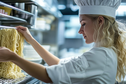 Confident blonde chef skillfully pre, a Photo by Iftikhar Alam