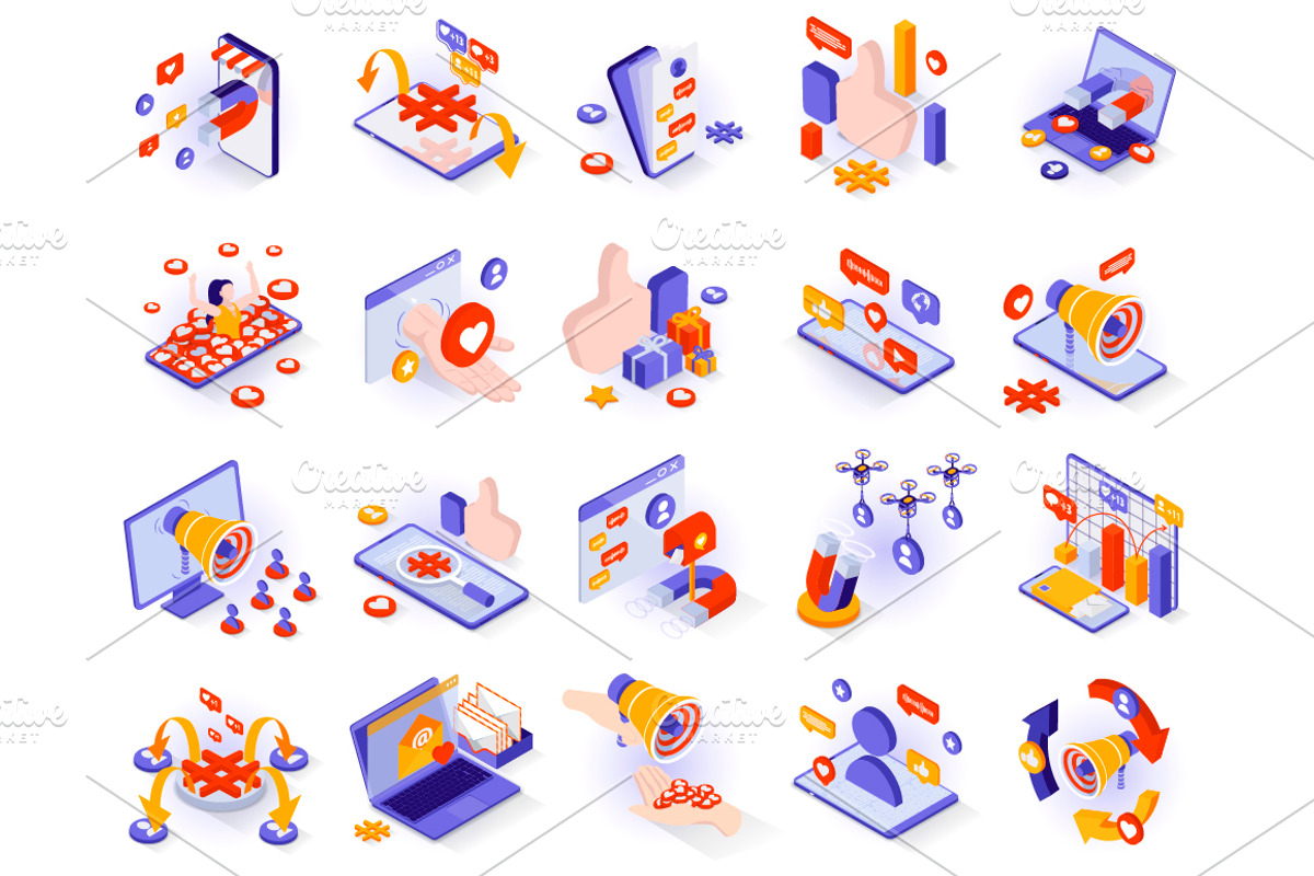 Social Isometric 3D Illustrations, a Templates & Theme by alexdndz