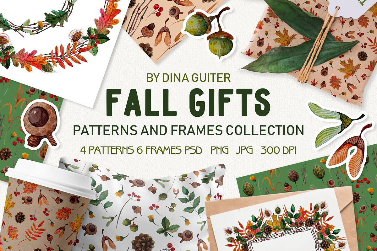 Watercolor Autumn Pattern and Frames, an Object Graphic by Dina Guiter (Photo 1 of 14)