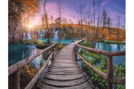 Waterfall and wooden path in orange, a Nature Photo by den-belitsky