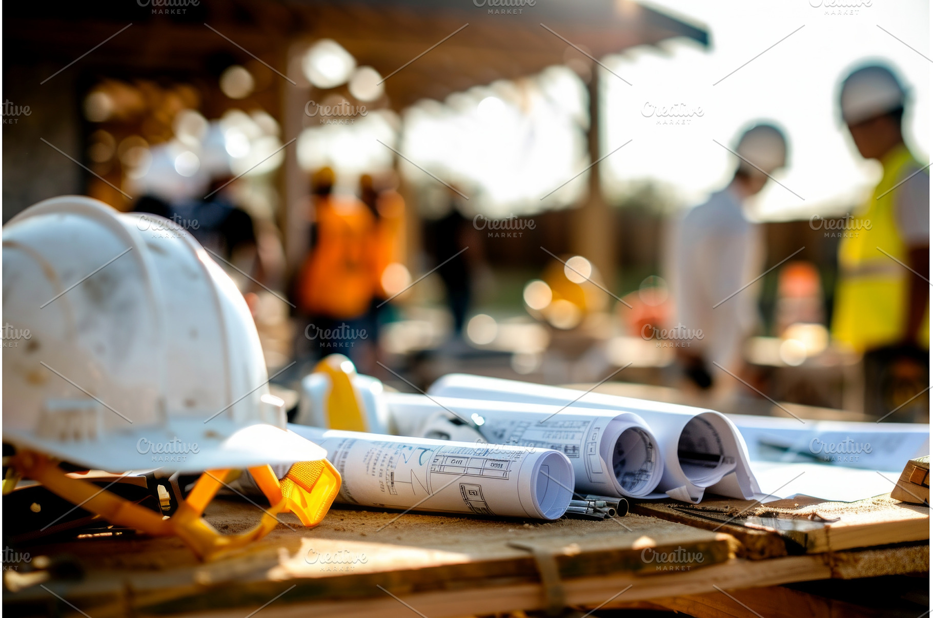 construction helmet and blueprints, an Industrial Photo by Neirfy