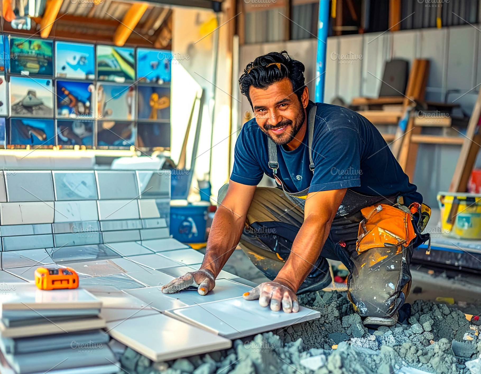 Tile mason starting laying the first tiles with precision and te, a Person Photo by DanFLCreativo