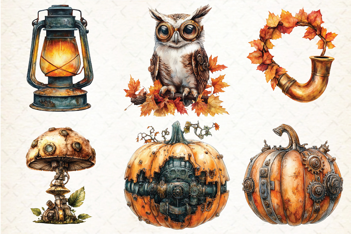 Watercolor Steampunk Autumn Clipart, an Illustration by Libby Wishes (Photo 4 of 9)