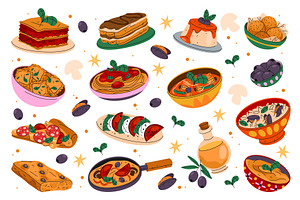 Set of Italian food or Italy cuisine, a Food Illustration by Elegant Solution