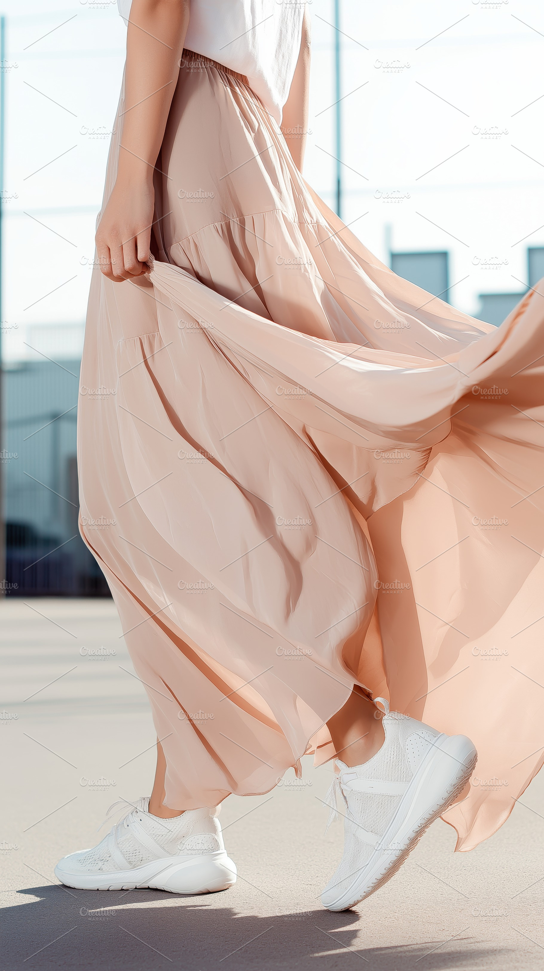 Woman in Flowing Skirt and Sneakers, a Person Photo by Ocean Digital Art