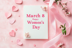 Greeting card with text March 8 Women's Day, spring flowers, paper hearts and r, a Nature Photo by AlyaAnd