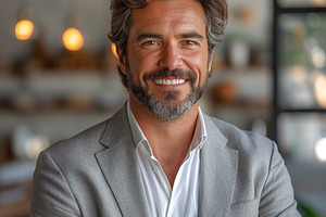 A confident middle-aged Hispanic man with a well-groomed beard smiles warmly in, a Person Photo by ImageMir