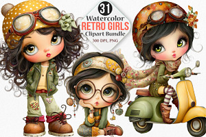 Watercolor Retro Girls Clipart, an Illustration by Canvas Craft