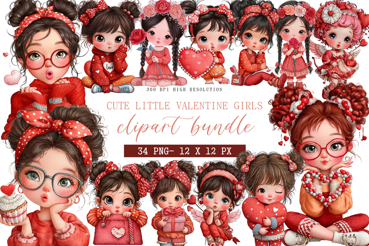 Cute Little Valentine Girls Clipart, an Illustration by DreamArtGraphic (Photo 1 of 4)