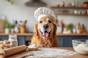 Golden retriever chef in a cozy kitchen wearing a chef's hat with baking ingred, a Photo by AlyaAnd