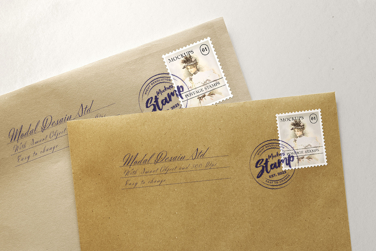 Stamp and Postage Stamp Mockup, a Books & Magazine Mockup by Artlogs x Modaldesain (Photo 1 of 4)