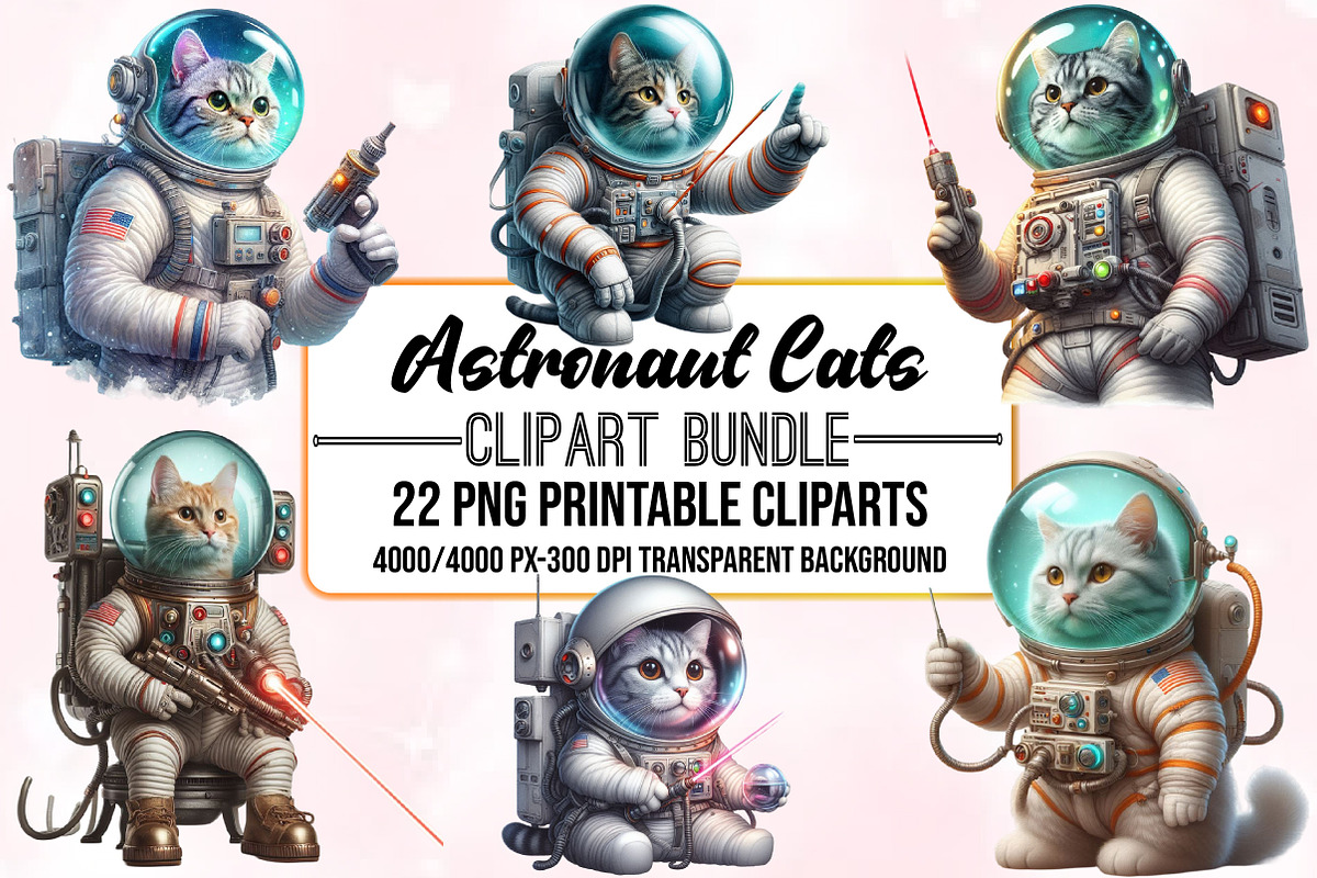 Watercolor Astronaut Cats Clipart, a Seasonal Illustration by Craft Nest (Photo 1 of 5)