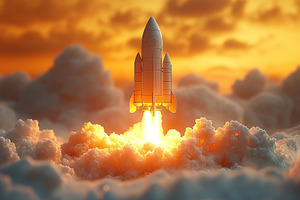 Launch of a white rocket on orange background, white smoke and c, an Abstract Photo by AlyaAnd