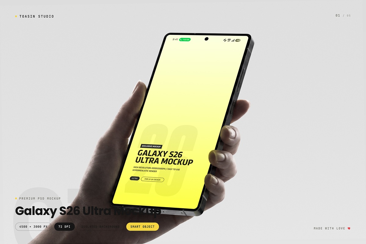 Galaxy S26 Ultra Mockup, an Android Mockup by Toasin Studio (Photo 1 of 5)