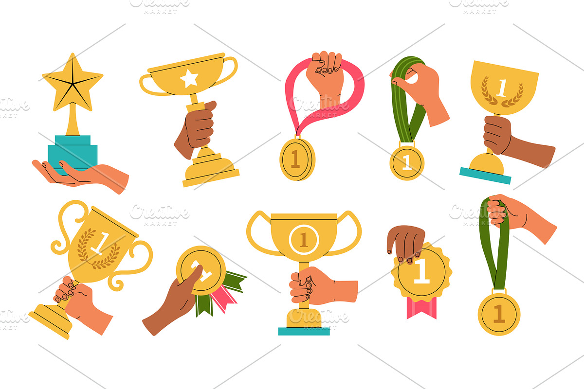 Trophy cups. Golden awards in hands, a Sport Illustration by Onyx
