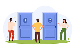 Choosing Between Two Numbered Doors, a Person Illustration by Flashvector