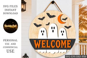 Welcome Halloween Ghost Round Sign, an Object Graphic by OK Design