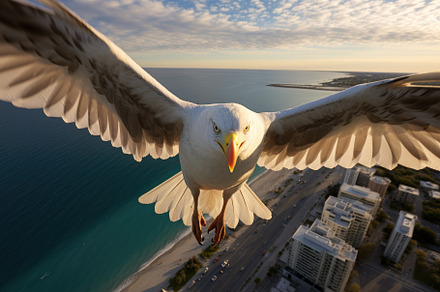 Seagull flying in the sky over the s, a Photo by Iftikhar Alam