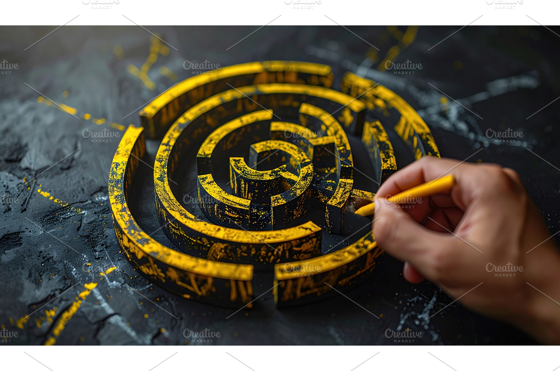Hand drawing yellow maze on dark, a Business Photo by Igor Tichonow