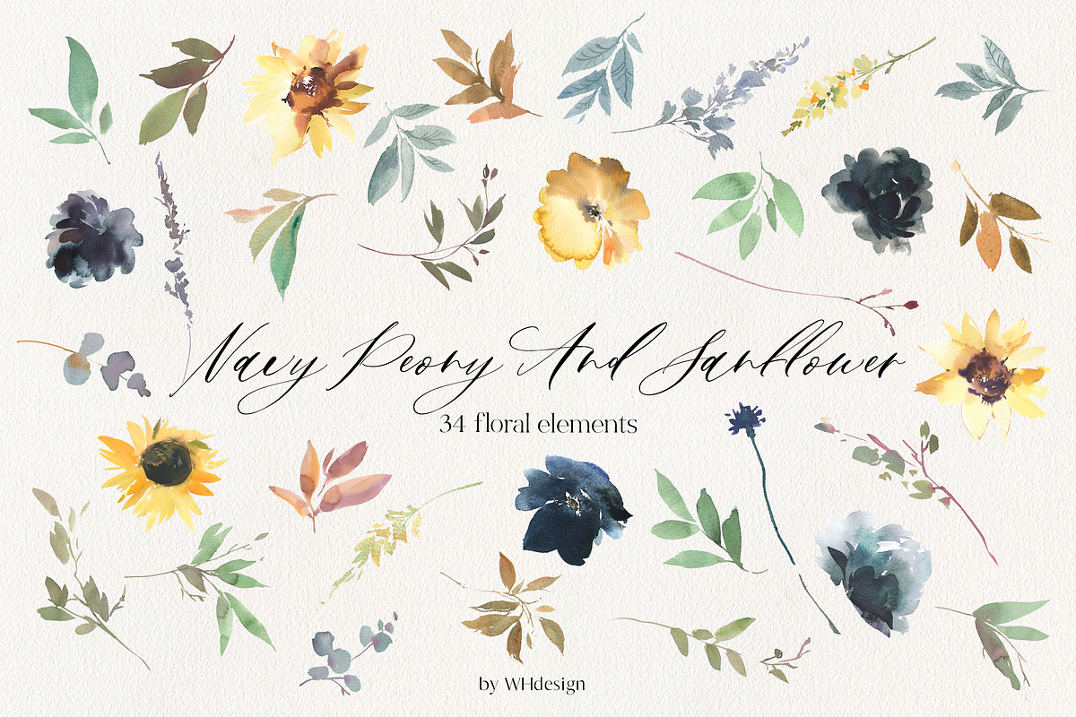 Navy Peony & Sunflower Florals PNG, a Decorative Illustration by whiteheartdesign (Photo 6 of 7)