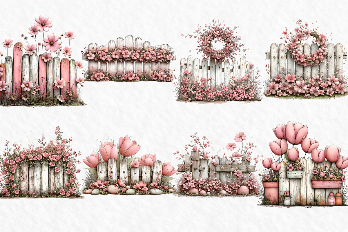 Spring Fence & Flower Clipart, an Illustration by Watercolor design (Photo 5 of 6)