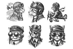 Pilot Cats in Aviator Gear engraving, an Animal Illustration by AlexArt