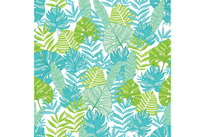 Vector blue green tropical leaves summer hawaiian seamless pattern with tropical plants and leaves on navy blue background. Great for vacation themed fabric, wallpaper, packaging.