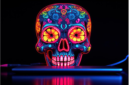 Vibrant Neon laptop skull. Generate, a Technology Photo by Ylivdesign