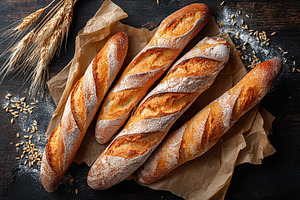 Warm baguettes arranged on rustic paper with wheat and grains in the background, a Food & Drink Photo by AlyaAnd