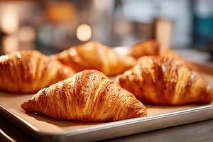 Freshly baked golden croissants stacked on a tray ready for serving in a cozy b, a Food & Drink Photo by AlyaAnd