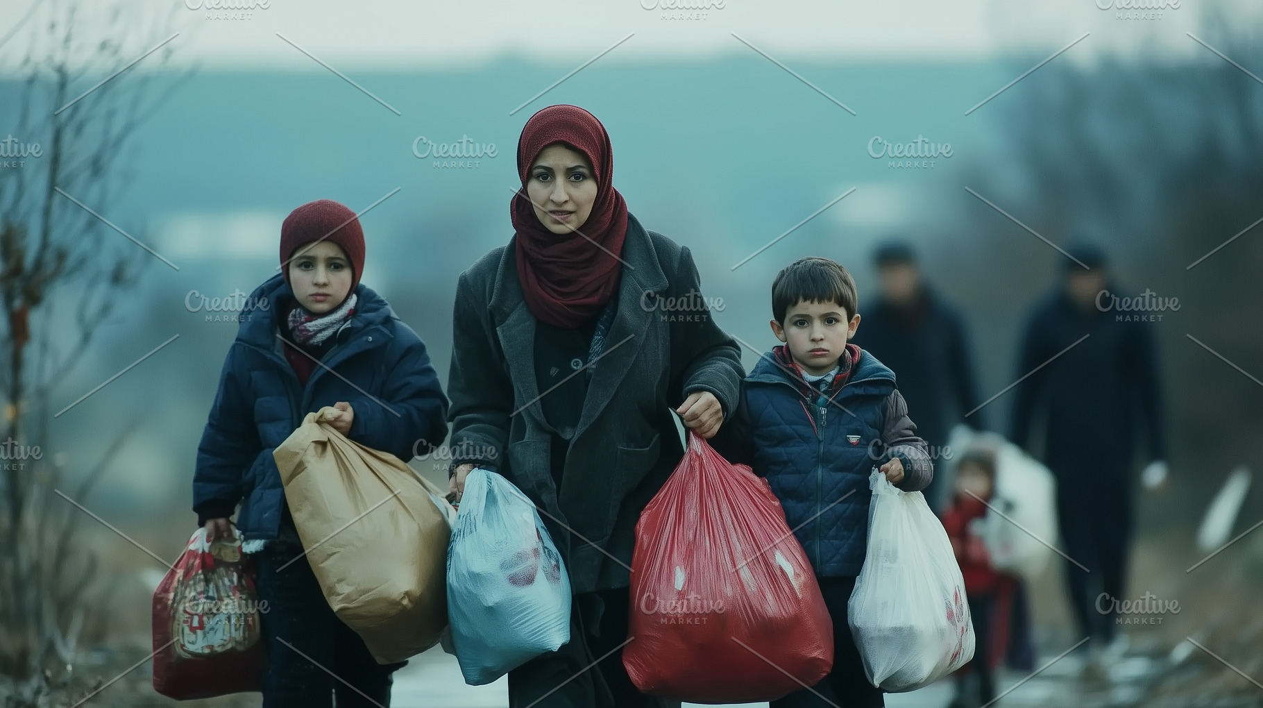 Immigrant mother with children holds, a Photo by MistyDay