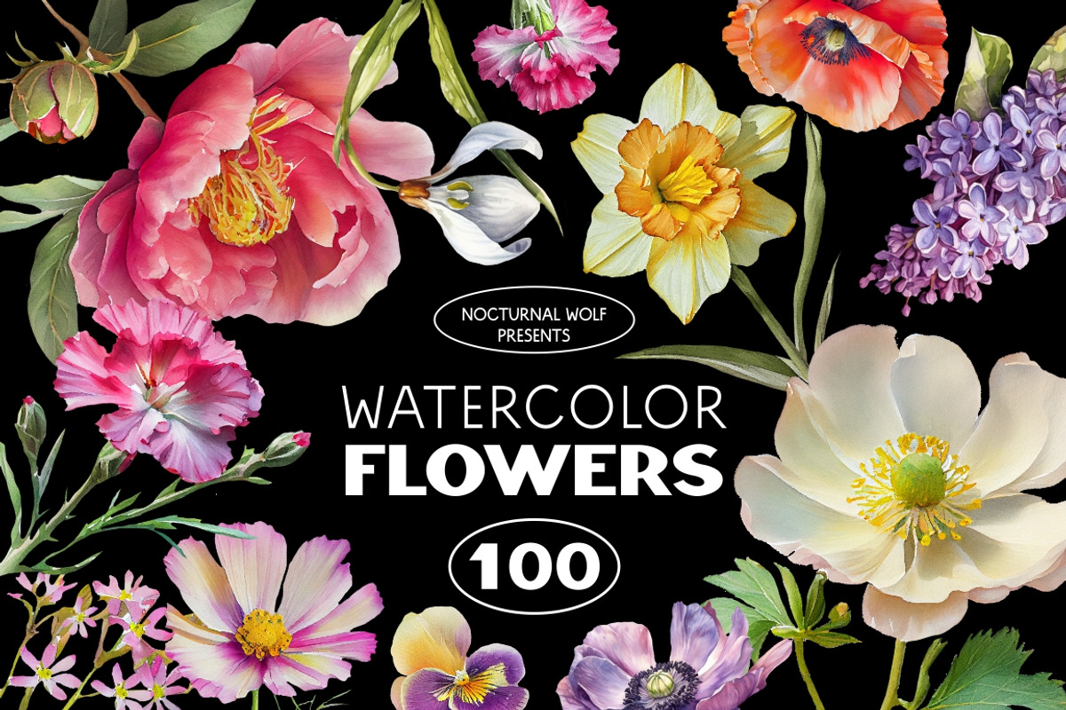 100 Floral Watercolor Illustrations, an Object Graphic by Nocturnal Wolf (Photo 1 of 13)