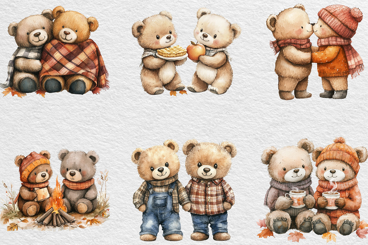 Fall Teddy Bears Couple Clipart, an Illustration by Black Bird Studio (Photo 5 of 6)