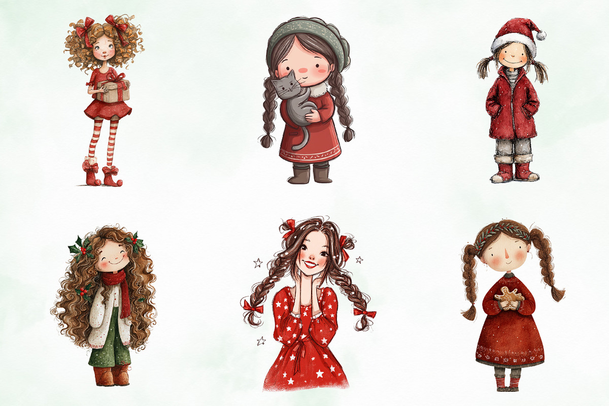 Quirky Funny Christmas Girls Clipart, an Illustration by Creative Art (Photo 7 of 13)