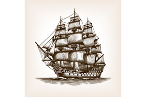 sailing ship engraving sketch vector, an Illustration by AlexArt