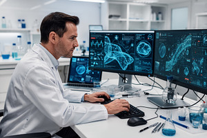 Scientist analyzing biomedical data, a Health & Medical Photo by angellodeco