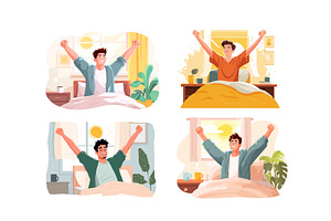 Man waking up set sleepy morning, a Person Illustration by Onyx