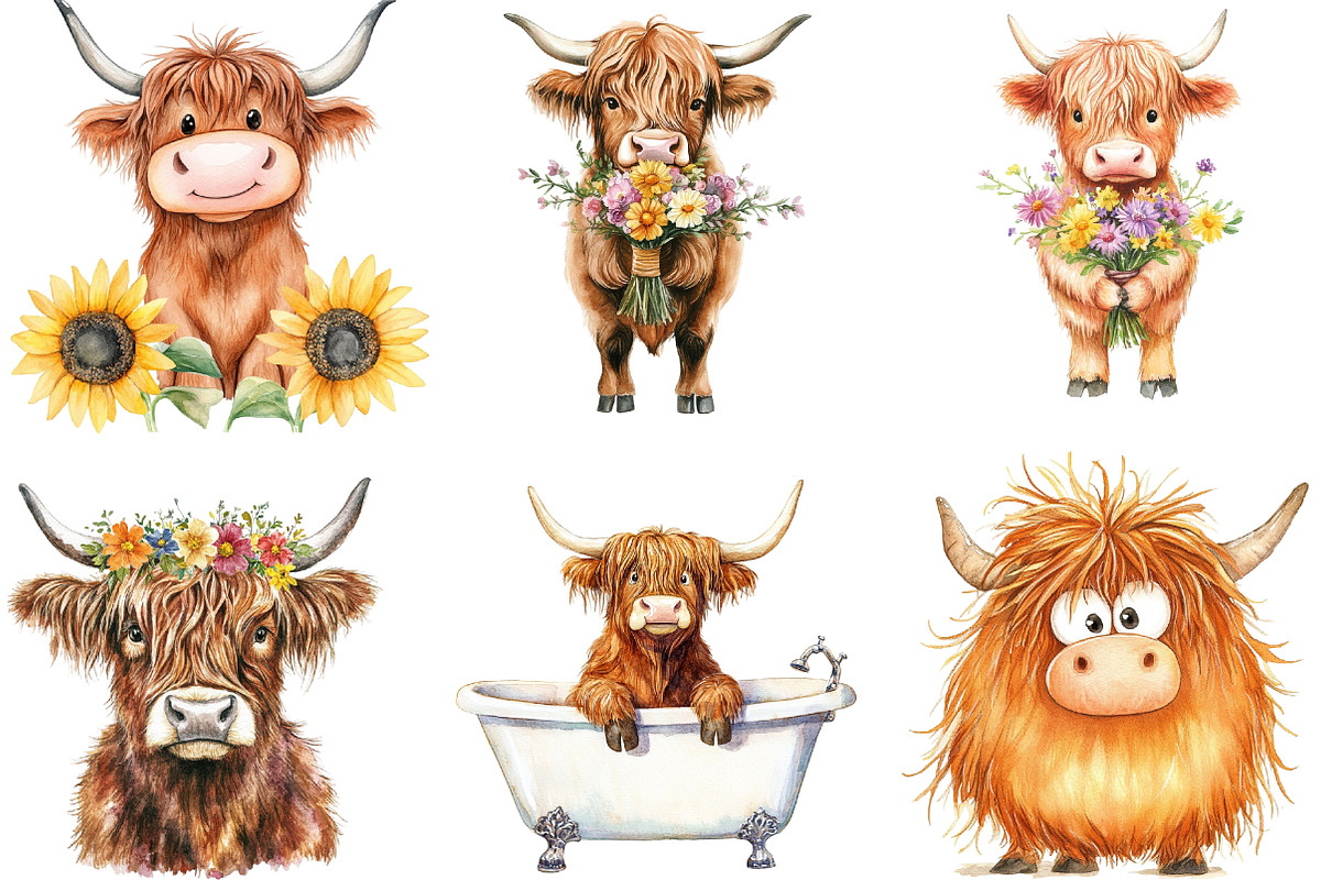 Funny Highland Cow Clipart Bundle, an Illustration by DreamArtGraphic (Photo 4 of 4)