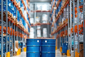 Blue barrels on a pallet in a wareho, a Photo by Pixeness Studio
